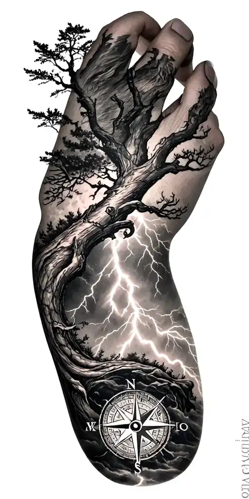 vegvisir compass and rume and tree and lightning tattoo design idea