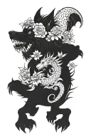 arm closure with dragon, 3 wolves, fairy, mermaid, gnome and lots of flowers. tattoo design idea