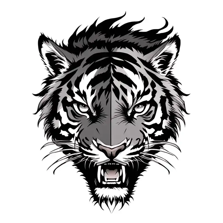 face that is tiger on right side, and purely a dragon on the other side  tattoo design idea