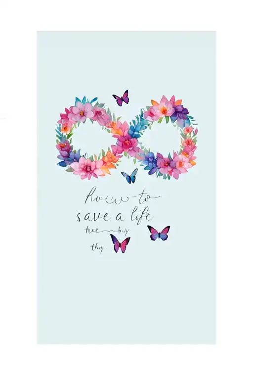 infinity sign made up of the notes from the song how to save a life by the fray. include butterflies, lotus flowers tattoo design idea