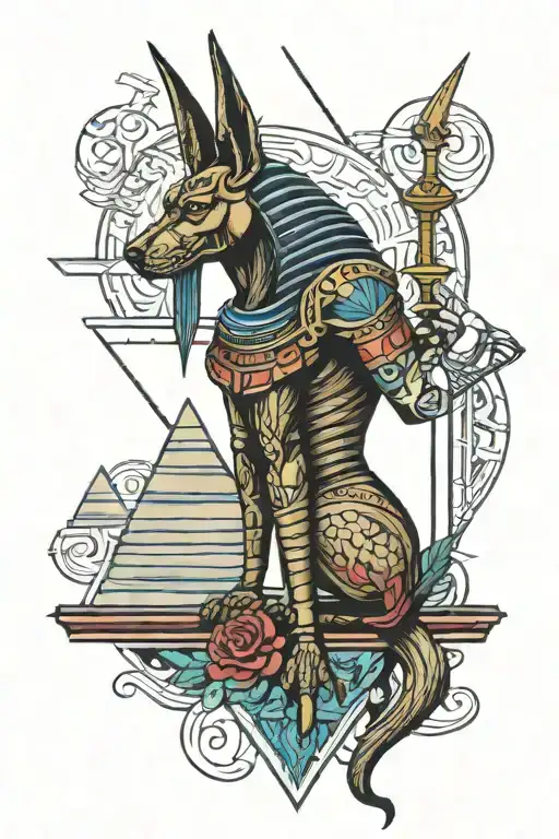 gothic anubis on the back with pyramids full length tattoo design idea