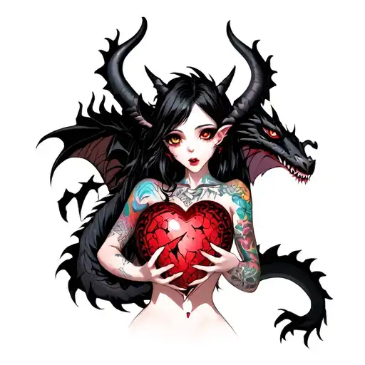 tattooed anime demon girl holding a shattered heart surrounded by a voodoo black dragon tattoo design idea