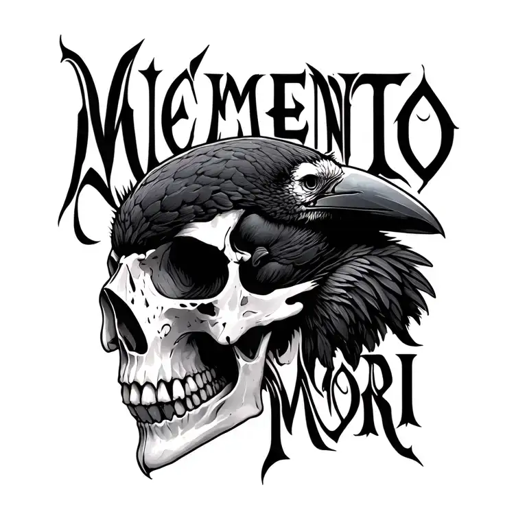 "Memento Mori" crow skull infused to human skull, side view, phrase "memento mori" in gothic letters with the first M bigger in size tattoo design idea