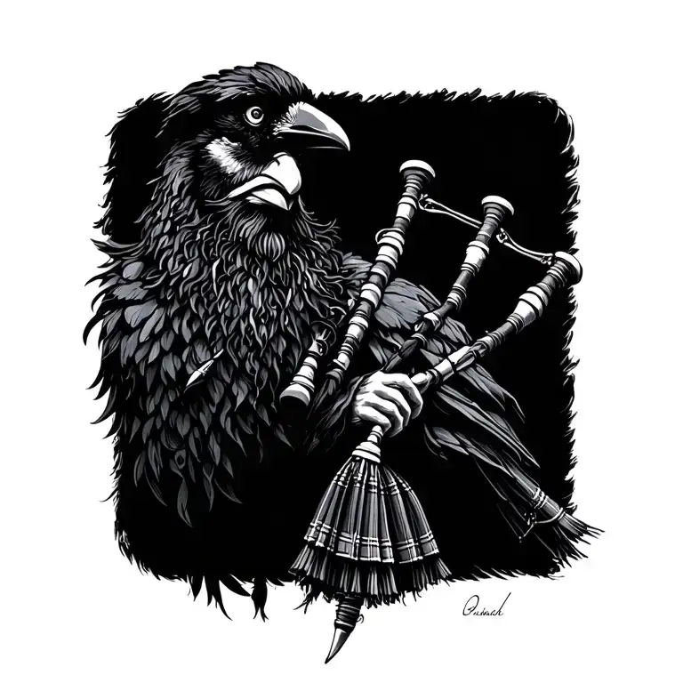  crow muscular with mans face bagpiper playing black bagpipes baldblack beard tattoo design idea