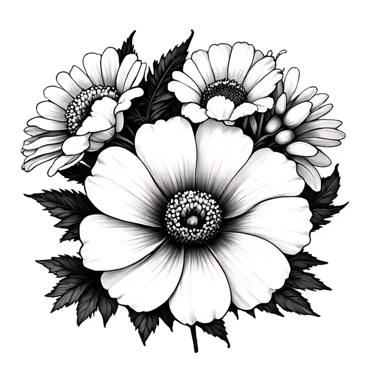 cosmo, primrose, violet, and marigold flower coming tattoo design idea