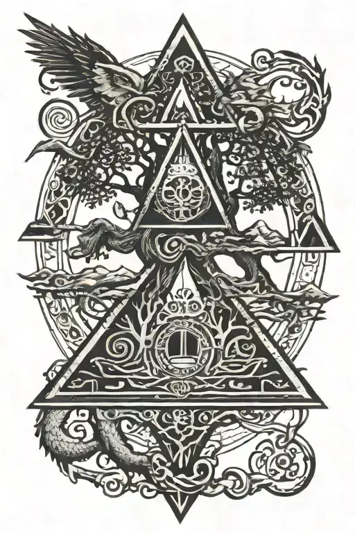 tree of life intertwined pyramid with eye and dragon   tattoo design idea