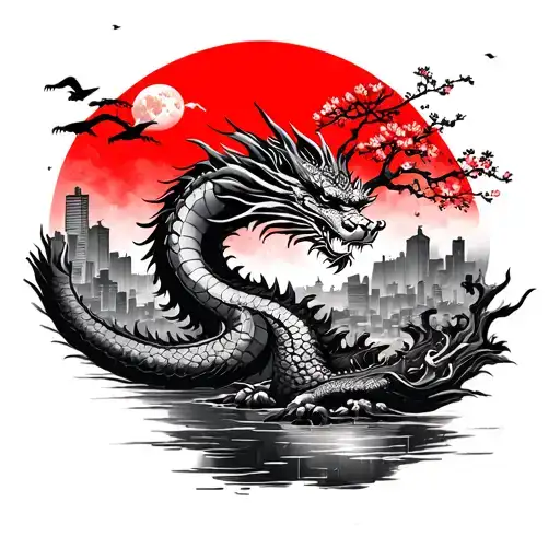 Dragon, samurai, sakura tree, red sun and moon, japanese city, cranes, river tattoo design idea