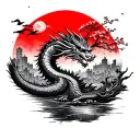 Dragon, samurai, sakura tree, red sun and moon, japanese city, cranes, river tattoo design idea