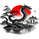 Dragon, samurai, sakura tree, red sun and moon, japanese city, cranes, river tattoo design idea