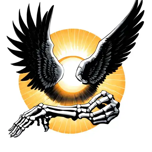 an angle with wings falling down, above him is the sun where a normal Hand and a skeleton Hand Point Fingers at each oth tattoo design idea