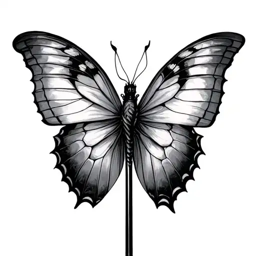 A highly detailed micro-realistic butterfly tattoo , delicately perched on a thin dagger, symbolizing beauty and resilie tattoo design idea