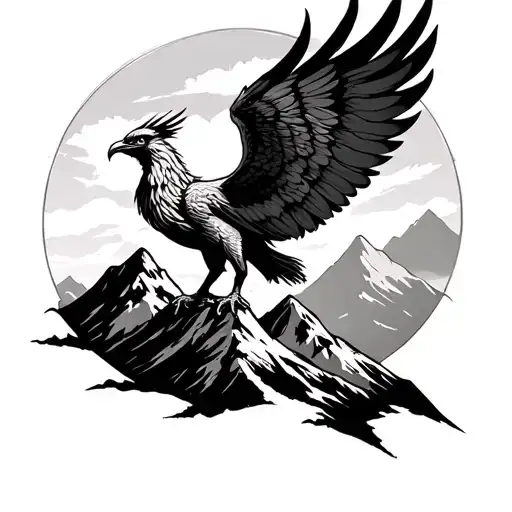 masculine phoenix over a mountain on my felt with wings opened going to my peck and lat tattoo design idea