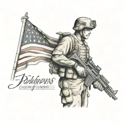 A tattoo of a soldier in the Army National Guard holding a Bible verse banner with Philippians 4:13 and Ephesians 6:10-20, with American flag motifs tattoo design idea