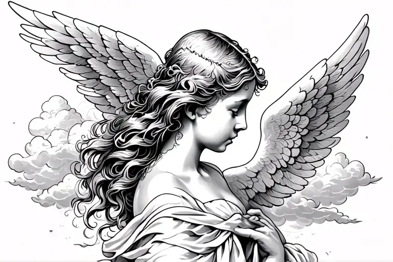 Angel in profile with one wing, clouds and light tattoo design idea