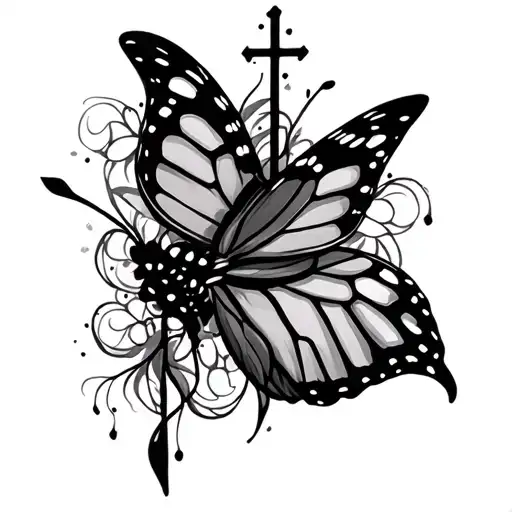 cross intertwined with  butterfly  tattoo design idea
