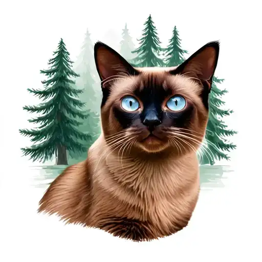draw an image with a Siamese cat in the center with a background of several pine trees tattoo design idea