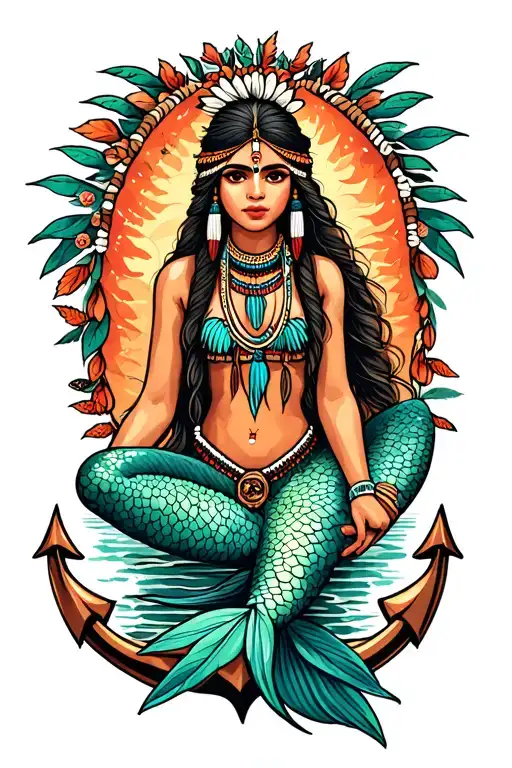 native indian girl mermaid sitting on anchor tattoo design idea