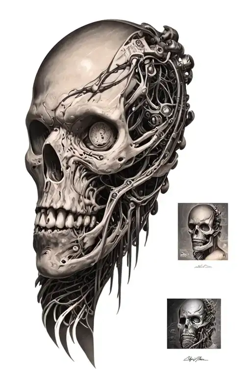 structure biomécanique, style hans rudy giger biomechanical sleeve tattoo design idea