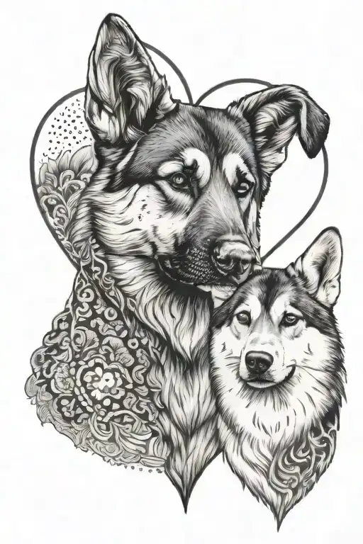 German shepherd and husky hearts surrounded tattoo design idea