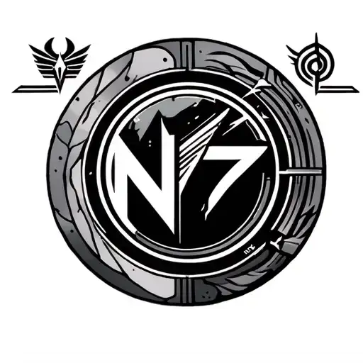 "Design of a tattoo composition featuring the Mass Effect N7 logo at the center. Surrounding it are three alignment symb tattoo design idea