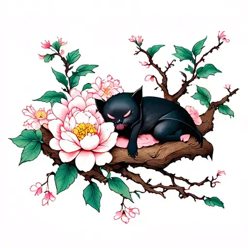 sleeping bat on a tree and pivoine flowers tattoo design idea