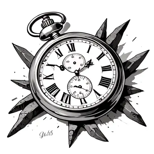 pocket watch set to 3:15 with two railroad spikes behind the watch tattoo design idea
