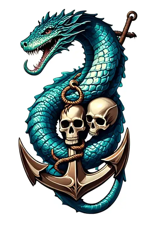 Sea Serpent wrapped around anchor with skulls tattoo design idea
