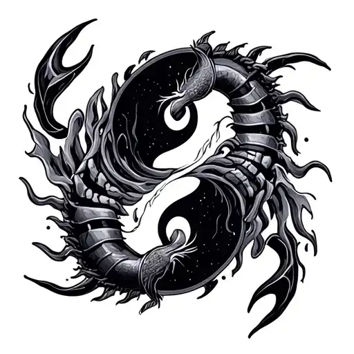 scorpio and libra zodiac in yin and yang circle with flame and air tattoo design idea