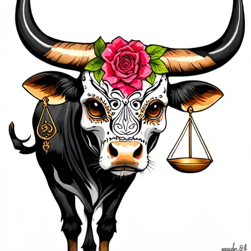 feminine bull with sugar skull markings, brown eyes and two Libra scales and dark background tattoo design idea