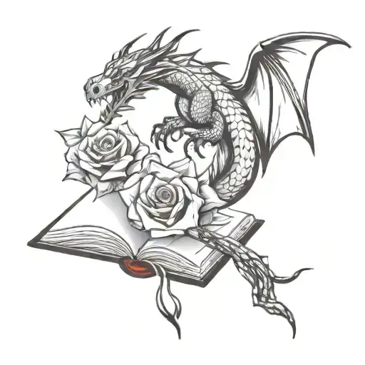 Open book with dragon and roses intertwined tattoo design idea