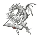 Open book with dragon and roses intertwined tattoo design idea