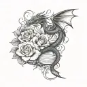 Open book with dragon and roses intertwined tattoo design idea