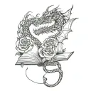Open book with dragon and roses intertwined tattoo design idea