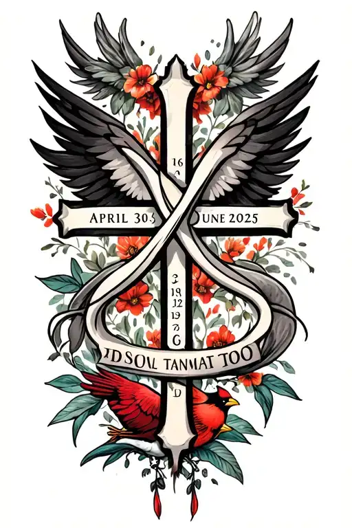 infinity cross with the words April 30 1996 - June 12 2025 & a cardinal  tattoo design idea