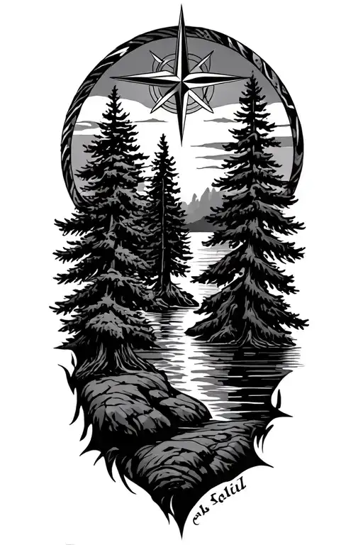 nature, pinetrees. sunset, compass rose tattoo design idea