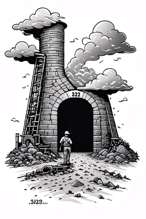 a mine shaft, a mine worker, clouds and number 322 in the clouds tattoo design idea