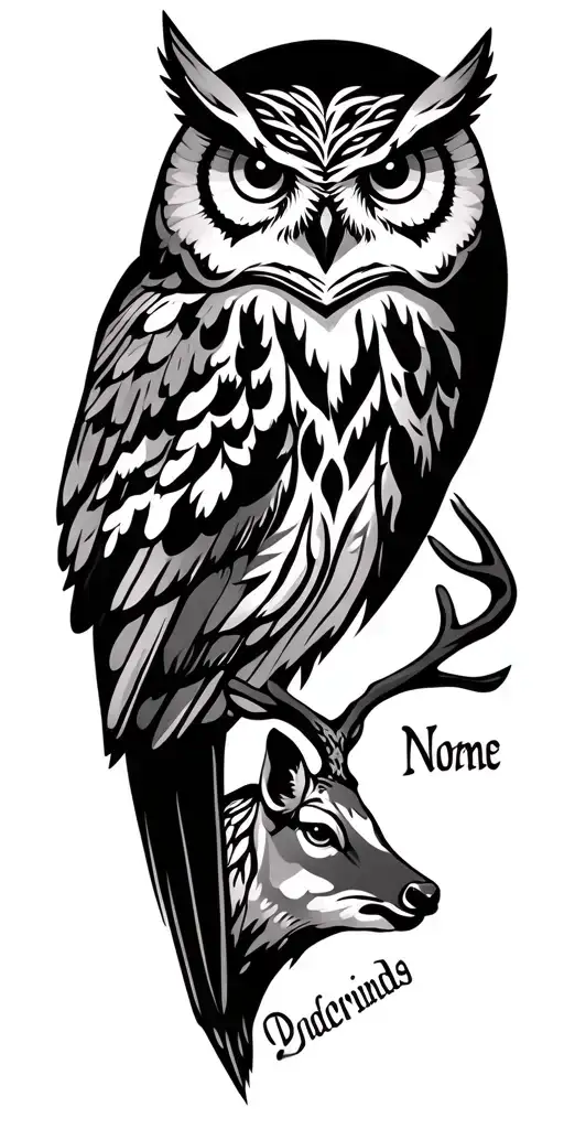 owl looking at a deer with trees witha tribal design on my bicep with my kids names incorapted into it tattoo design idea