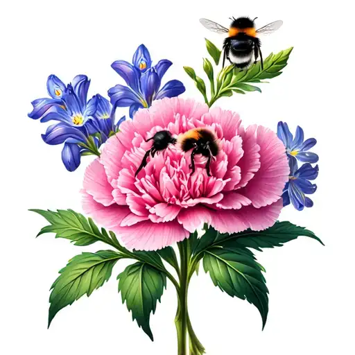 bumblebee, forget me not, purple hyacinth, pink carnation tattoo design idea
