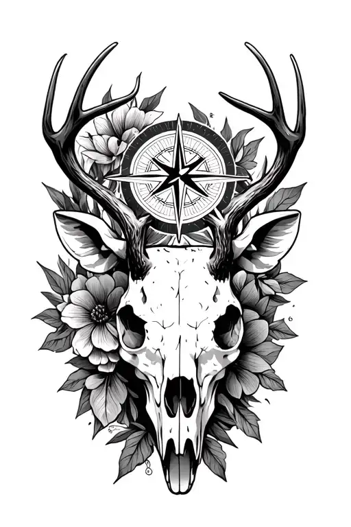 september birth flower, deer skull, detailed compass rose tattoo design idea