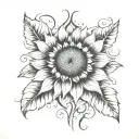 a tattoo of a sunflower heart with a cancer zodiac sign.  in memory of my dad tattoo design idea