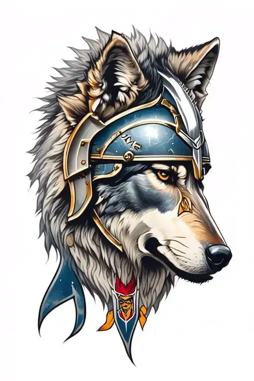 Wolf with spartan helmet adorned tattoo design idea