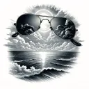  aviator sunglasses slightly tilted where the reflection is heaven (clouds, ocean, rays of light) tattoo design idea