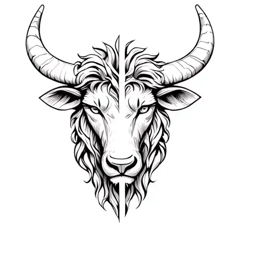 Bull head and lion head merged as a mandala in the Greek stem tattoo design idea