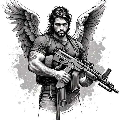 an angel man with an AK 47 assault rifle tattoo design idea