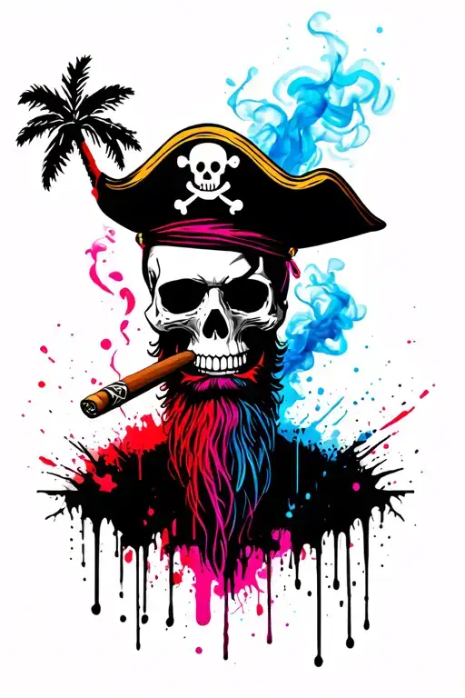 skull with pirate hat with beard smoking a cigar with a palm tree with blue and pink smoke tattoo design idea