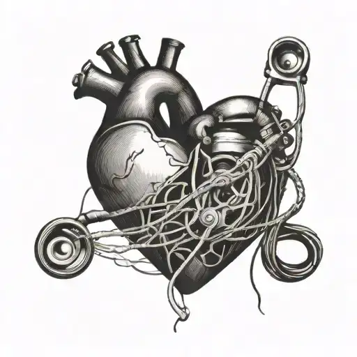 heart with stethoscope with needle and thread weaving tattoo design idea