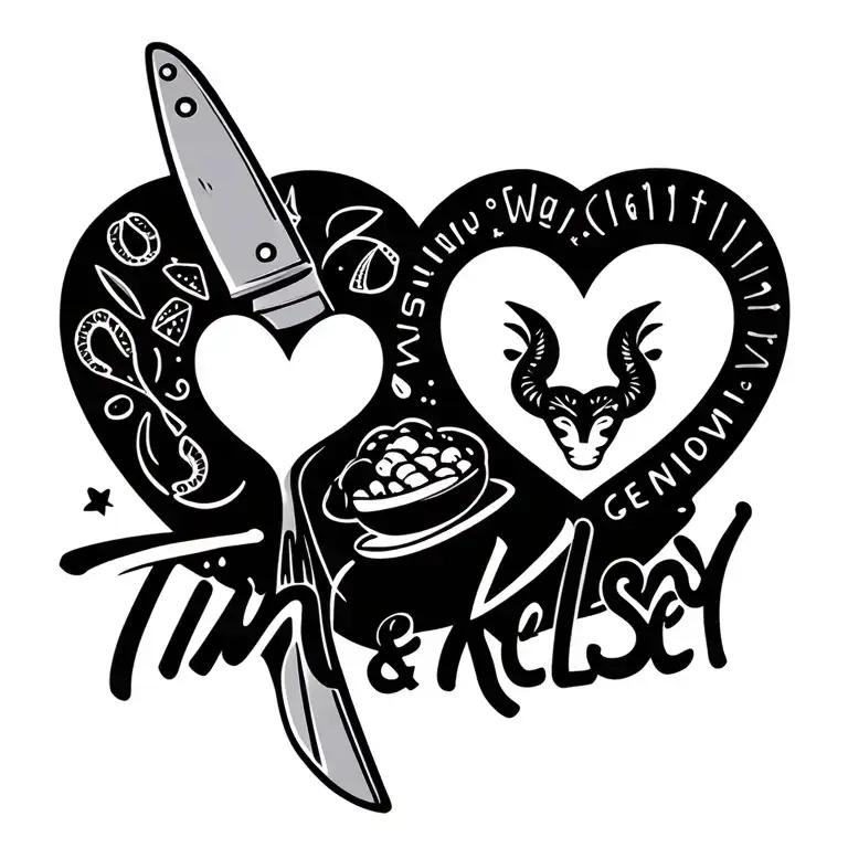 "Tim and Kelsey" Gemini sign and Capricorn sign in a heart on a chefs cutting knife with food items tattoo design idea