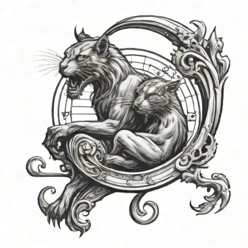 Capricorn, devil, puma stand together against the background of a staircase leading to the sky tattoo design idea