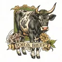 I want a tattoo that looks like a cow brand stamp that says "100% Pure Irish Beef" on the inside and "Property Of Agata" tattoo design idea
