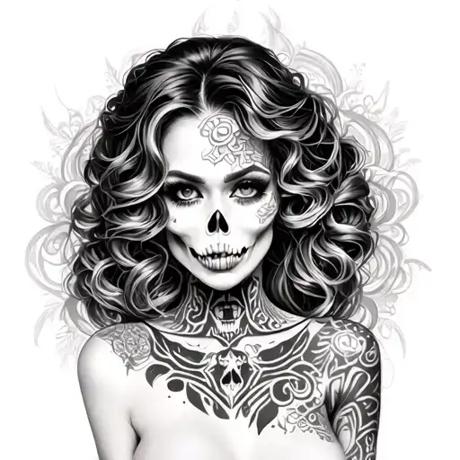 crazy  pretty women posing with skulls and patterns around her  tattoo design idea